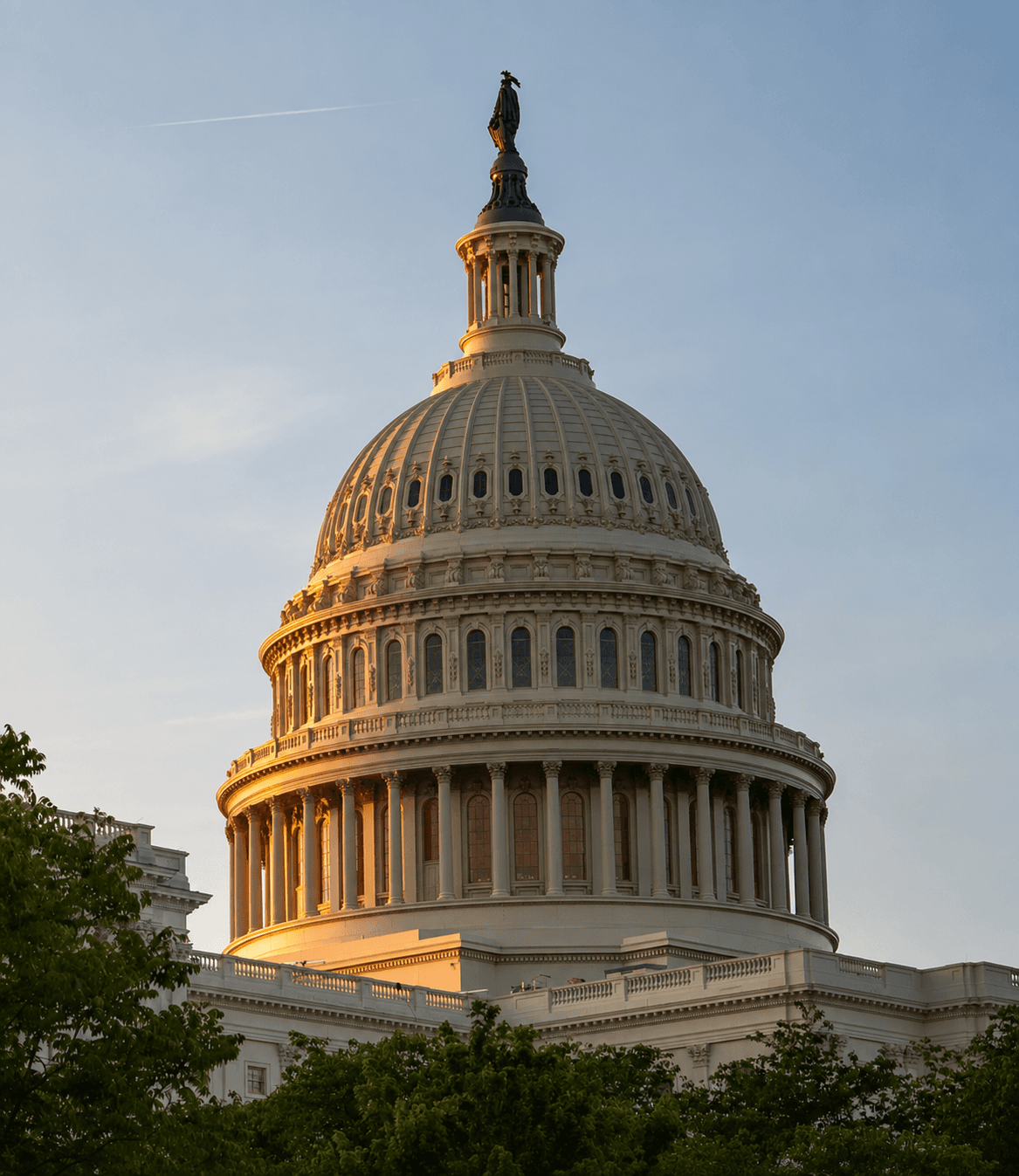 The dome of the United States Capitol at golden hour